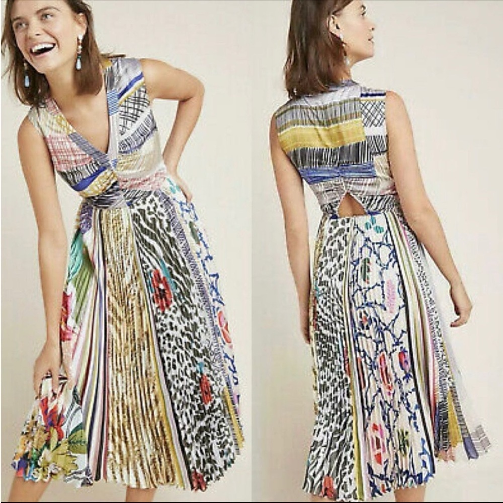Anthropologie silky, colorful Pleated Midi Dress for Wedding Guest